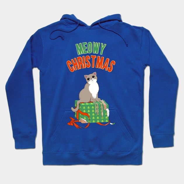 Meowy Christmas Cat Clawed Present Hoodie by xenotransplant